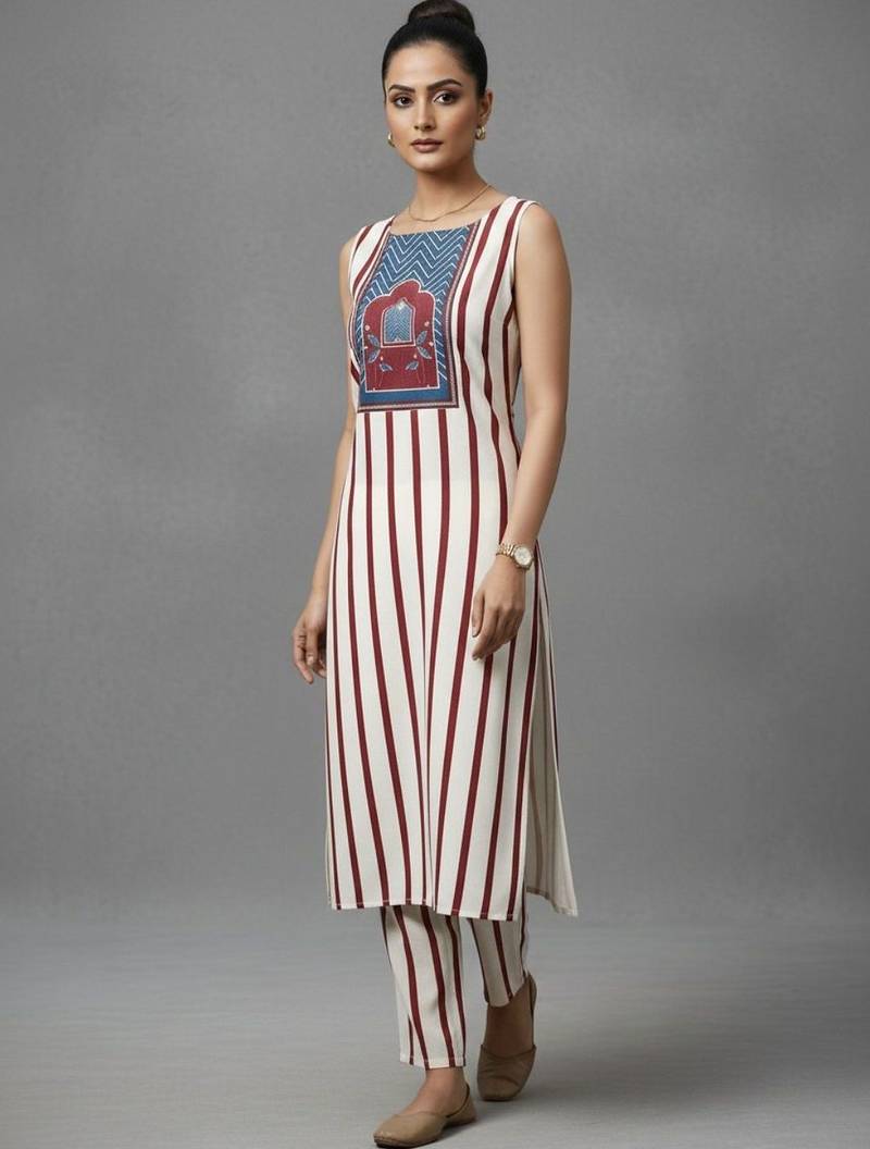 women striped regular sequinned workwear kurta with trousers