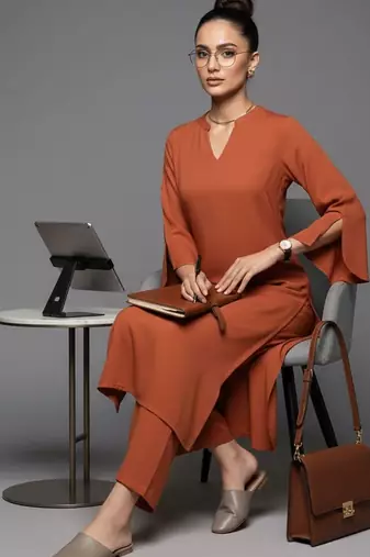 women regular silk crepe workwear kurta with trousers