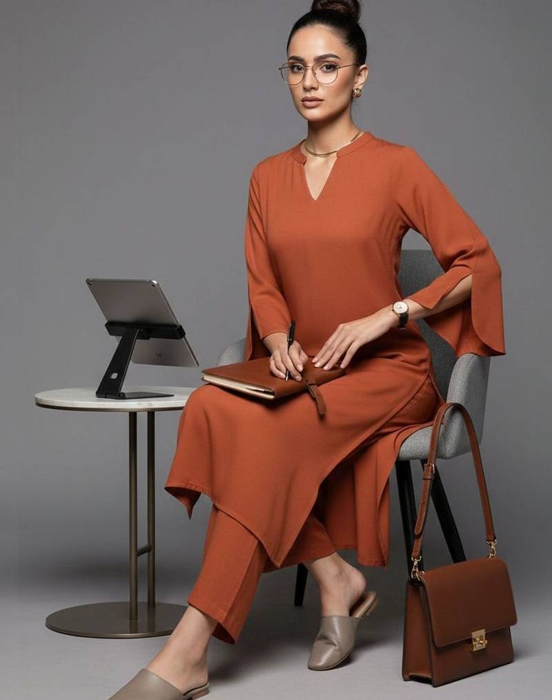 women regular silk crepe workwear kurta with trousers