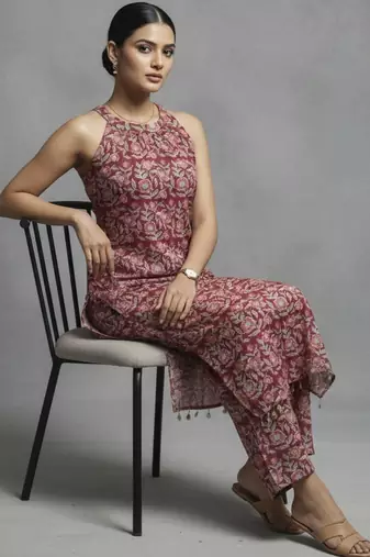 women ethnic motifs printed regular cotton workwear kurta with trousers