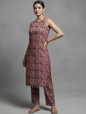 women ethnic motifs printed regular cotton workwear kurta with trousers 2