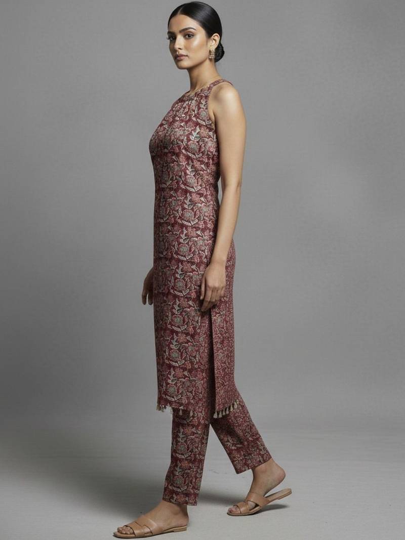 women ethnic motifs printed regular cotton workwear kurta with trousers