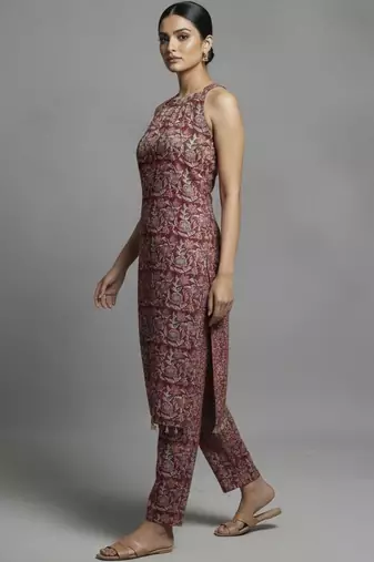 women ethnic motifs printed regular cotton workwear kurta with trousers