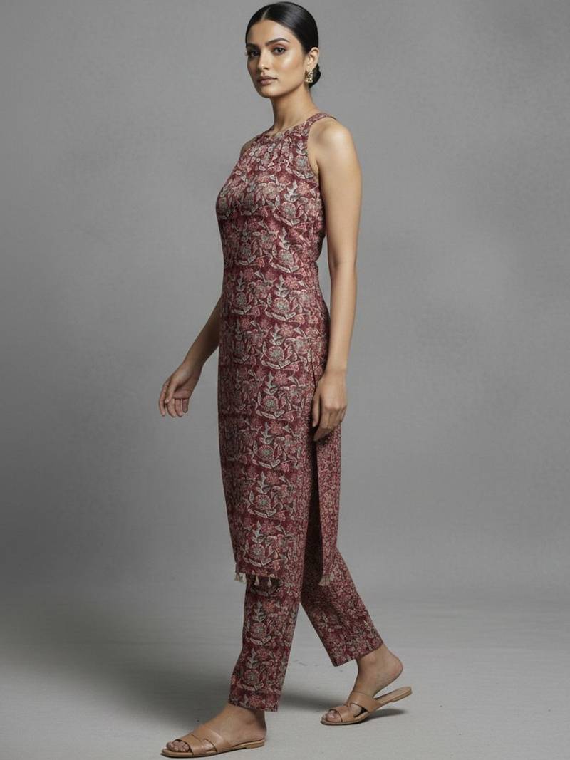 women ethnic motifs printed regular cotton workwear kurta with trousers
