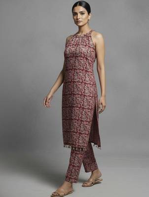 women ethnic motifs printed regular cotton workwear kurta with trousers 5