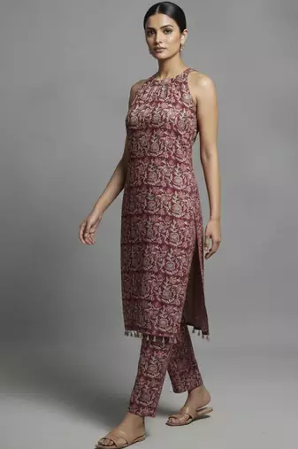 women ethnic motifs printed regular cotton workwear kurta with trousers