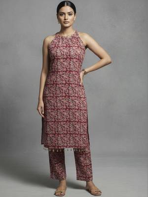 women ethnic motifs printed regular cotton workwear kurta with trousers 7
