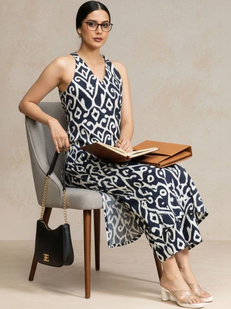 women printed regular cotton workwear kurta with trousers