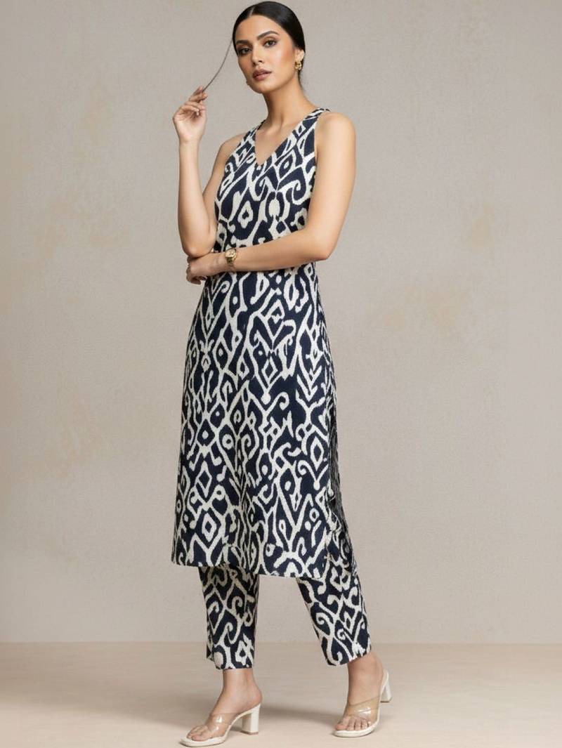 women printed regular cotton workwear kurta with trousers