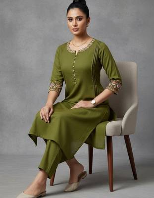 women ethnic motifs pleated thread work workwear kurta with trousers 1