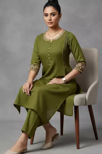 women ethnic motifs pleated thread work workwear kurta with trousers
