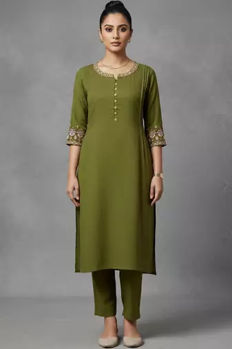 women ethnic motifs pleated thread work workwear kurta with trousers
