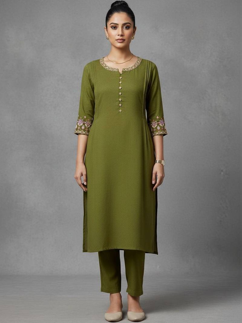 women ethnic motifs pleated thread work workwear kurta with trousers