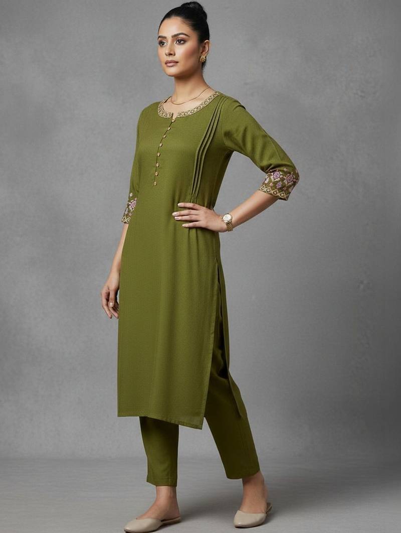 women ethnic motifs pleated thread work workwear kurta with trousers