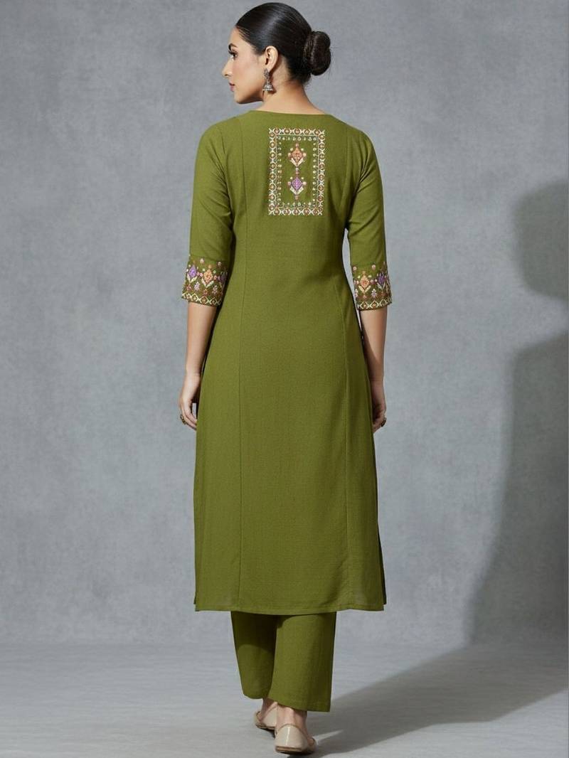 women ethnic motifs pleated thread work workwear kurta with trousers