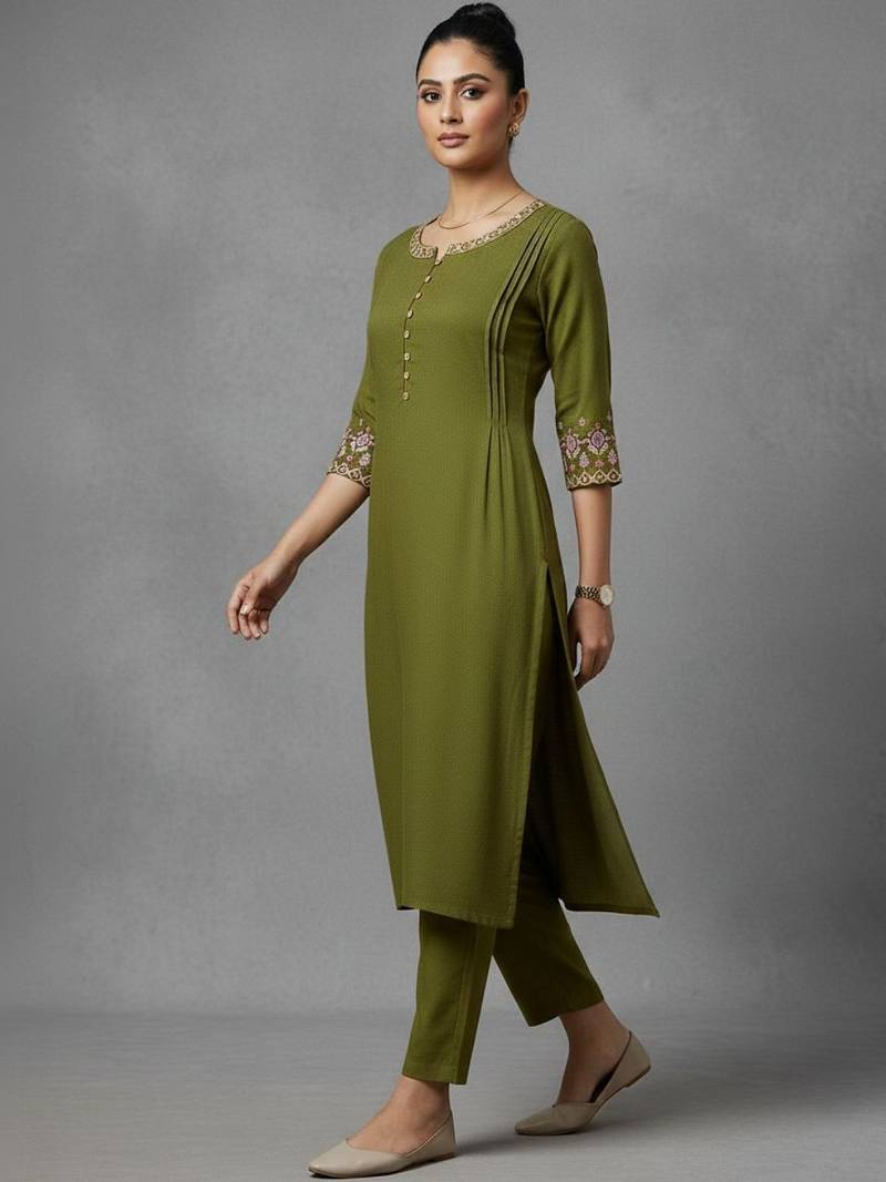 women ethnic motifs pleated thread work workwear kurta with trousers