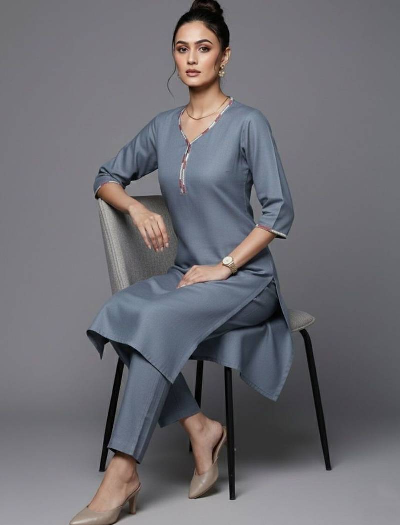 women regular thread work workwear kurta with trousers & with dupatta