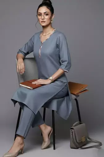 women regular thread work workwear kurta with trousers & with dupatta