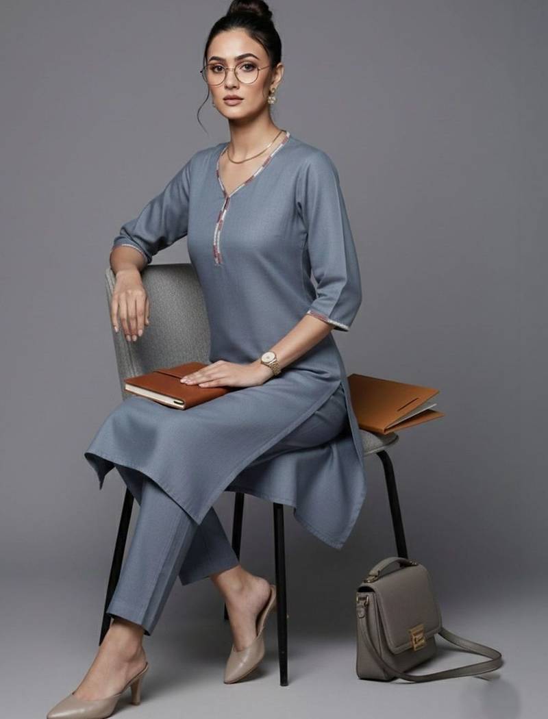 women regular thread work workwear kurta with trousers & with dupatta