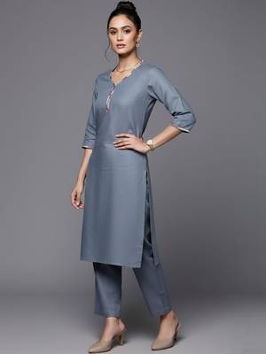 women regular thread work workwear kurta with trousers & with dupatta 6