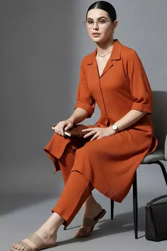 women regular silk crepe workwear kurta with trousers