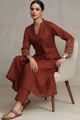 women regular sequinned workwear kurta with trousers