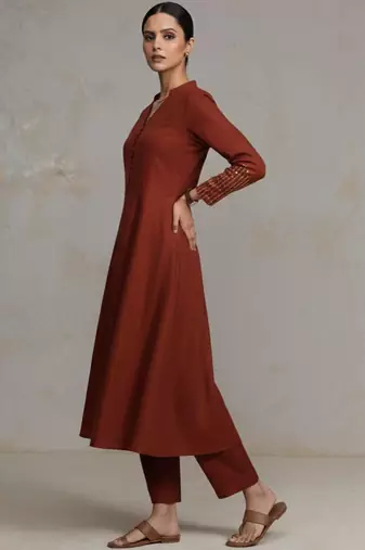 women regular sequinned workwear kurta with trousers