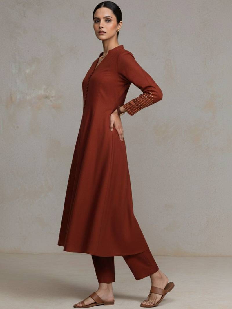 women regular sequinned workwear kurta with trousers