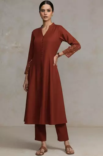 women regular sequinned workwear kurta with trousers