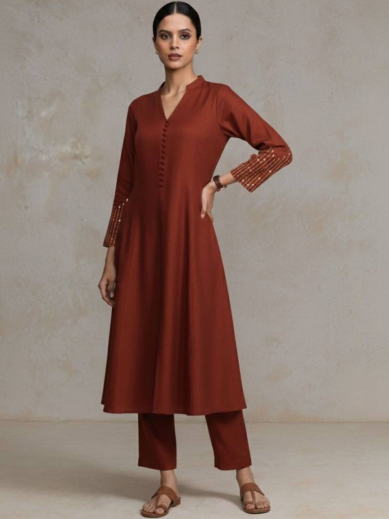 women regular sequinned workwear kurta with trousers