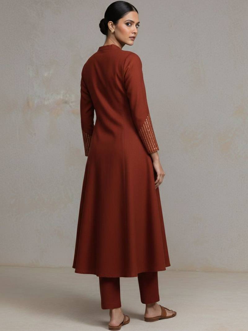 women regular sequinned workwear kurta with trousers