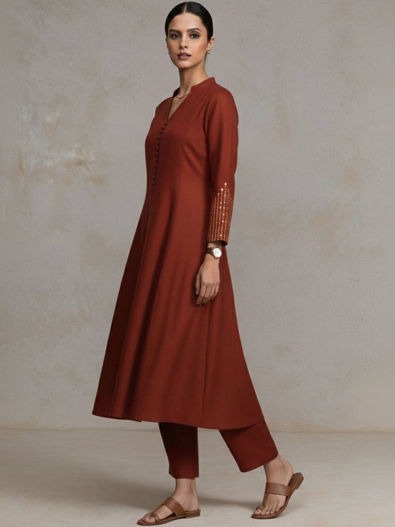 women regular sequinned workwear kurta with trousers