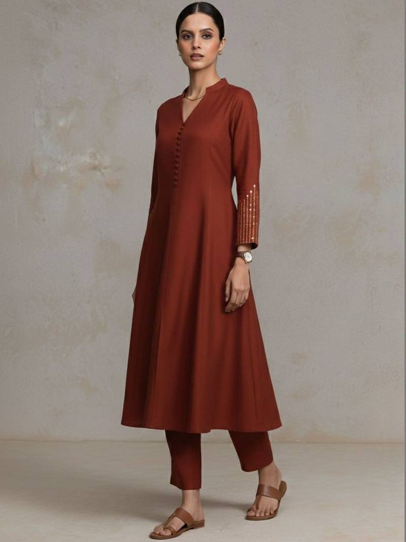 women regular sequinned workwear kurta with trousers