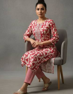 women printed regular thread work workwear kurta with trousers 1
