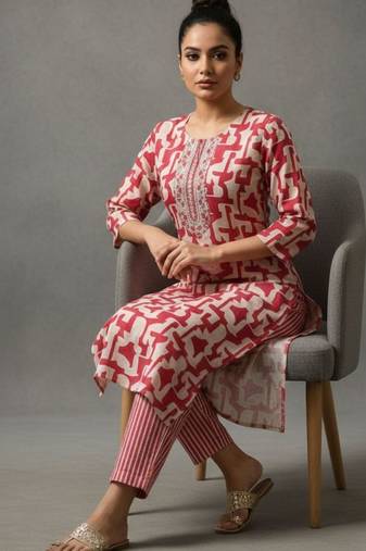 women printed regular thread work workwear kurta with trousers