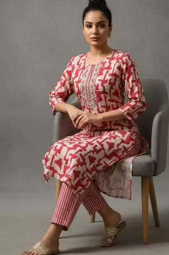 women printed regular thread work workwear kurta with trousers
