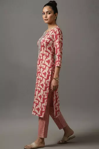 women printed regular thread work workwear kurta with trousers