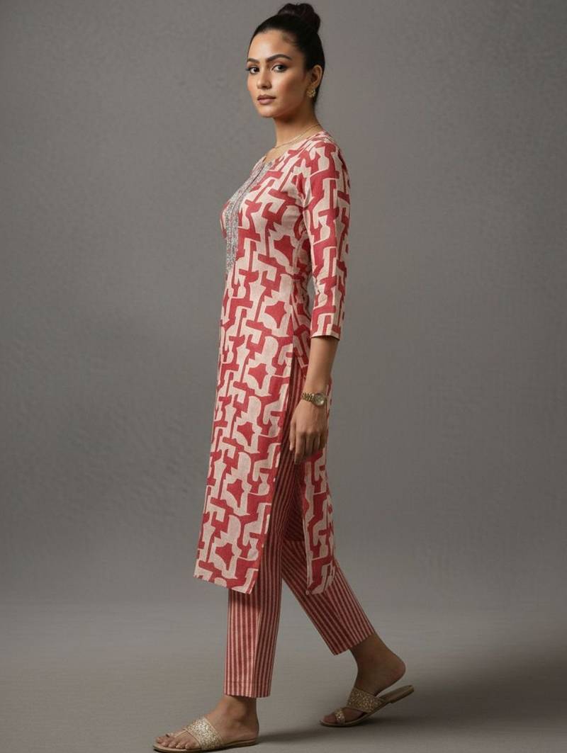 women printed regular thread work workwear kurta with trousers