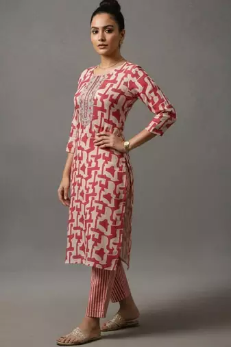 women printed regular thread work workwear kurta with trousers