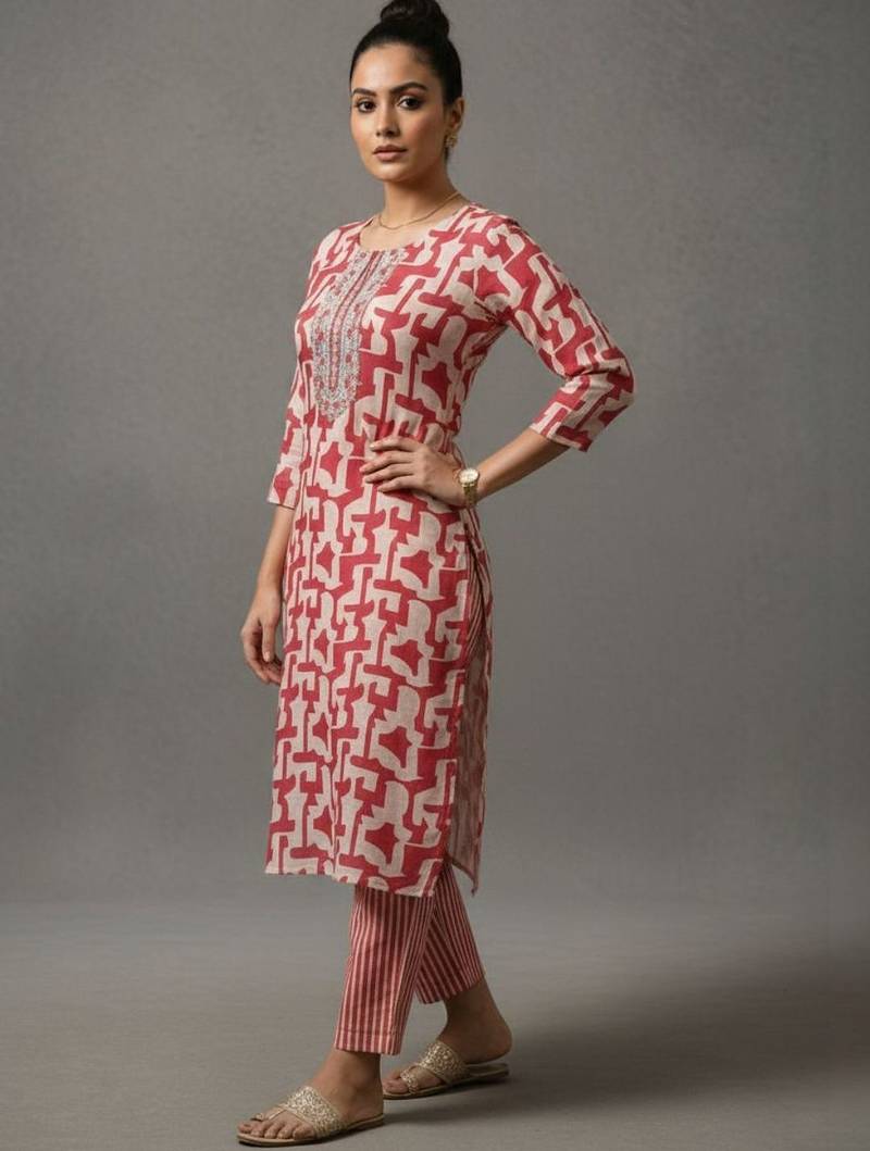 women printed regular thread work workwear kurta with trousers