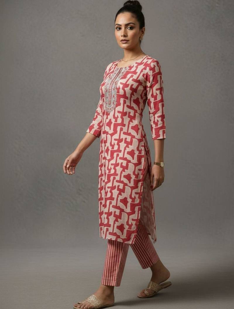 women printed regular thread work workwear kurta with trousers