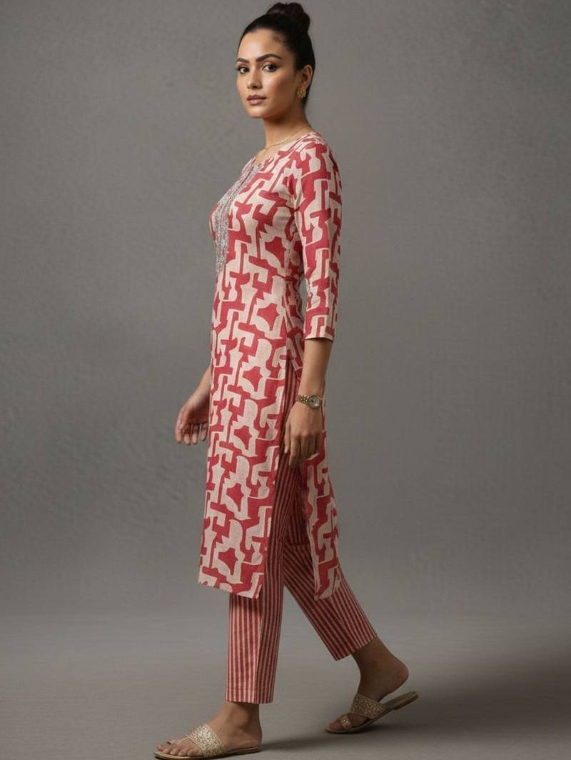 women printed regular thread work workwear kurta with trousers