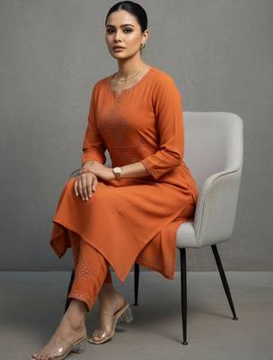 women ethnic motifs embroidered regular thread work workwear kurta with trousers 1