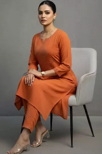 women ethnic motifs embroidered regular thread work workwear kurta with trousers