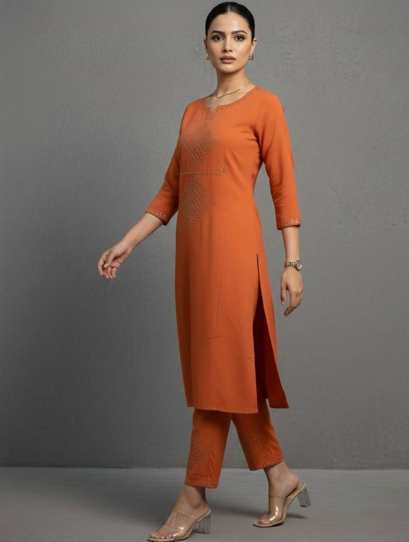 women ethnic motifs embroidered regular thread work workwear kurta with trousers