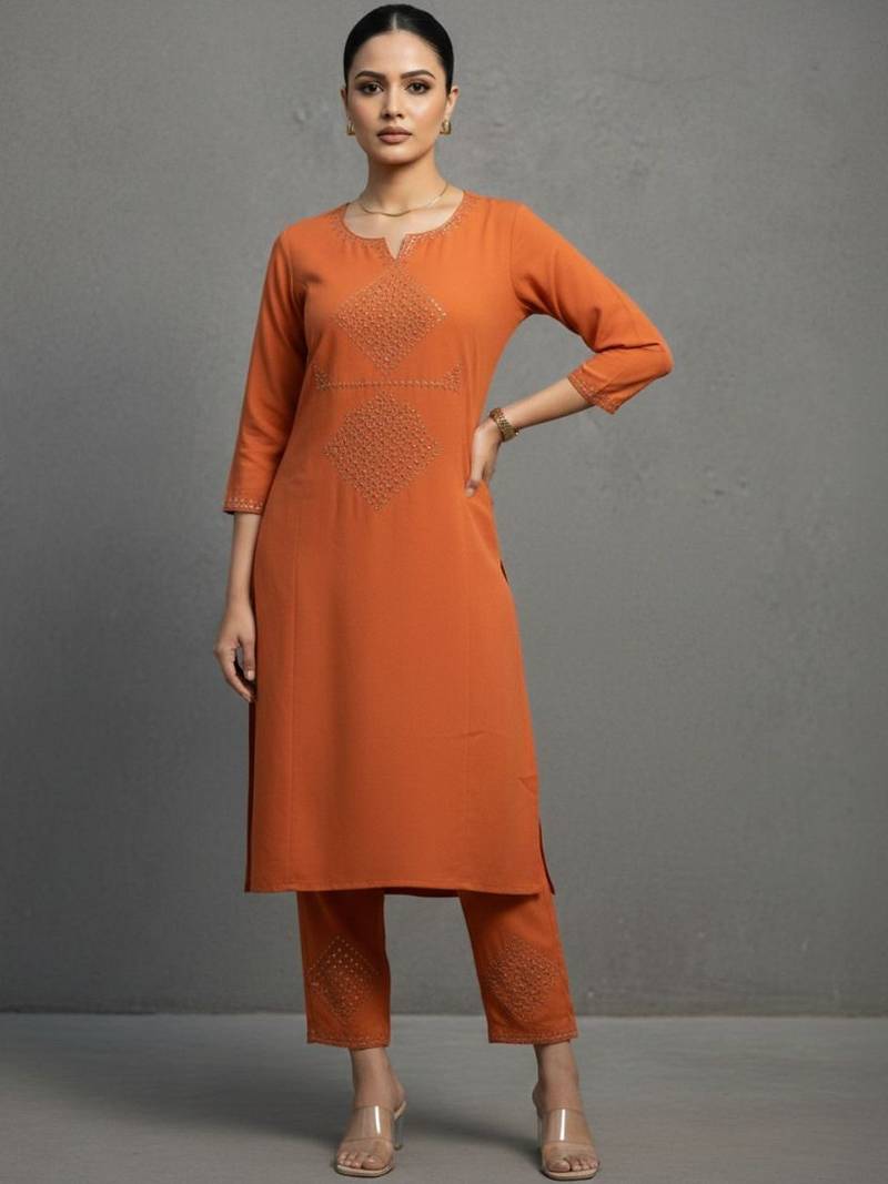 women ethnic motifs embroidered regular thread work workwear kurta with trousers