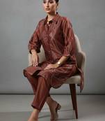 women printed regular chanderi silk workwear kurta with trousers