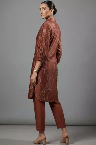 women printed regular chanderi silk workwear kurta with trousers