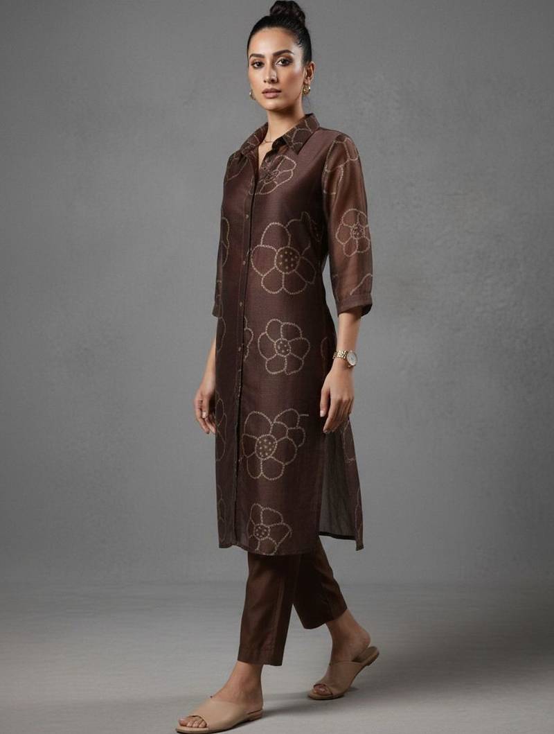 women bandhani printed regular chanderi silk workwear kurta with trousers