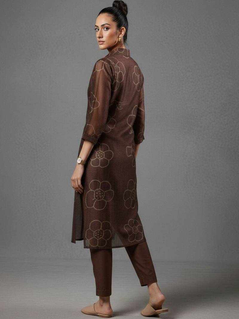 women bandhani printed regular chanderi silk workwear kurta with trousers